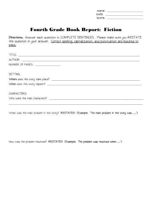 Fourth Grade Book Report Template: Fiction Download Pdf