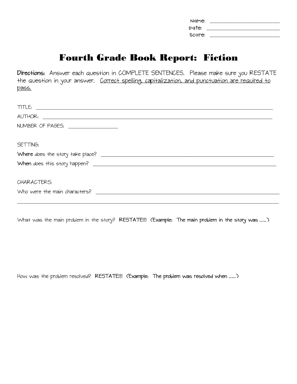 Fourth Grade Book Report Template: Fiction, Page 1
