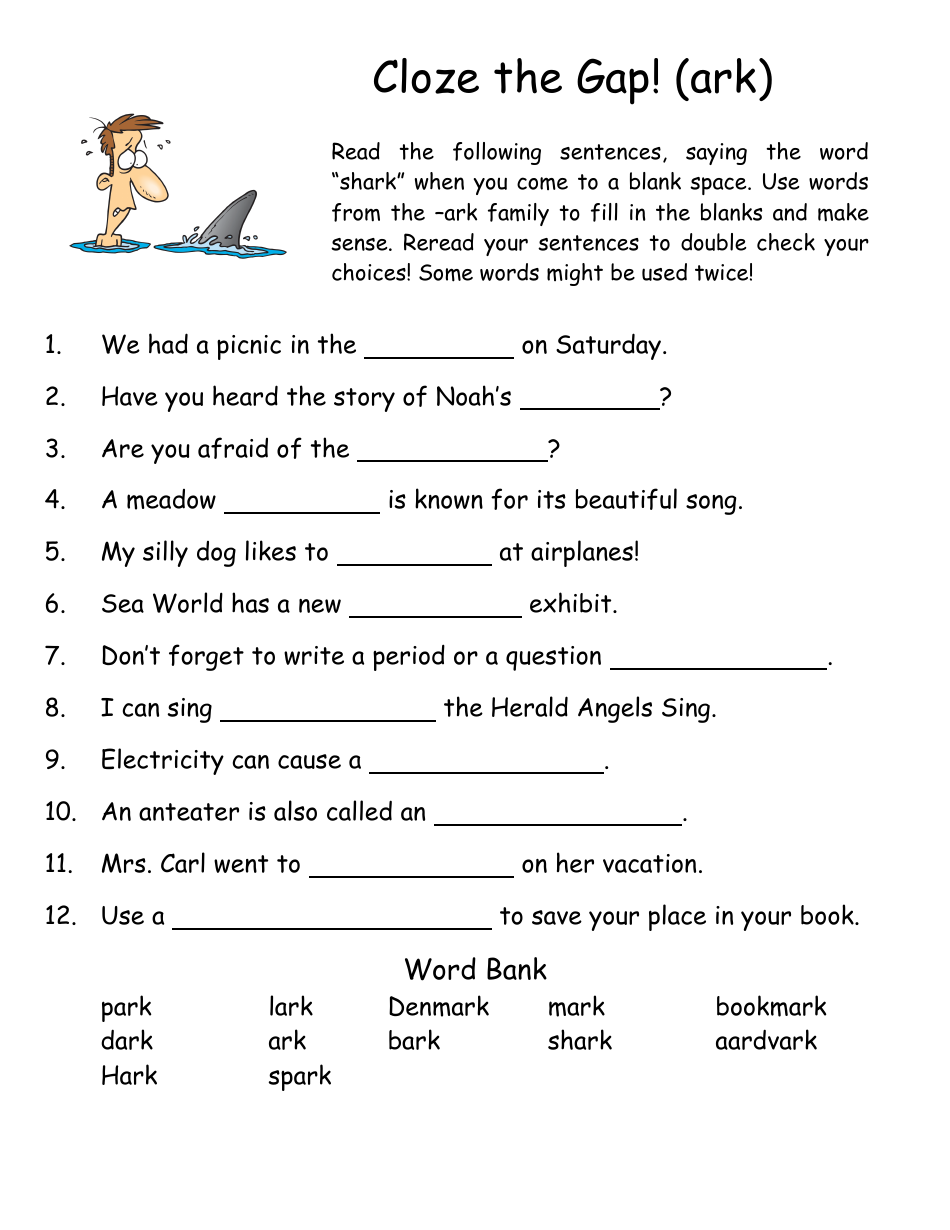 English Practice Sheet: Ark Word Family - Toonaday / Toonclipart, Page 10