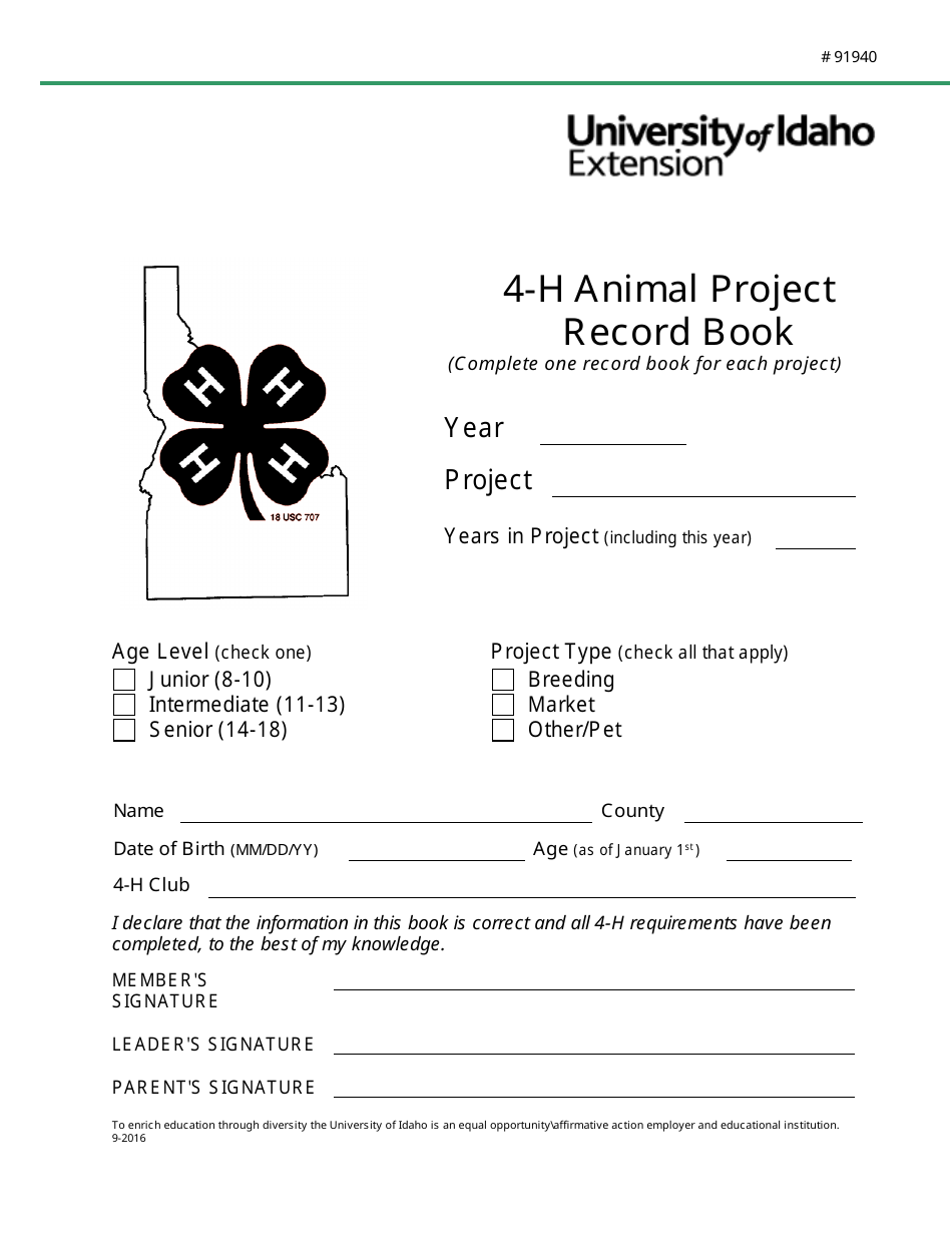 4-h Animal Project Record Book - University Of Idaho Download Fillable ...