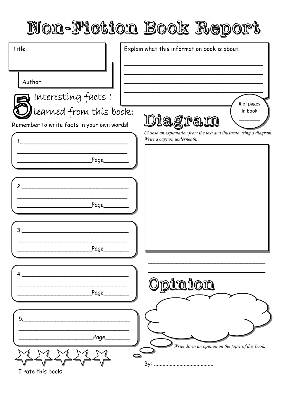 Non-fiction Book Report Template - Black and White, Page 1