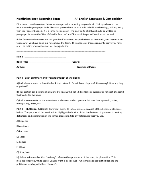 Nonfiction Book Reporting Form - Ap English Language & Composition