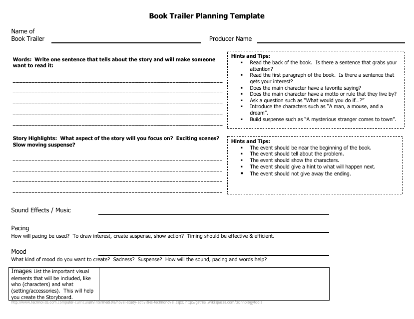 Book Trailer Planning Template - Black and White