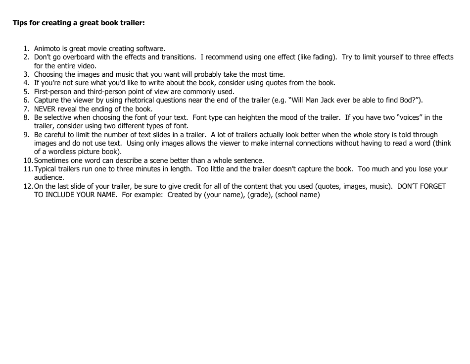 Book Trailer Planning Template - Black and White, Page 3