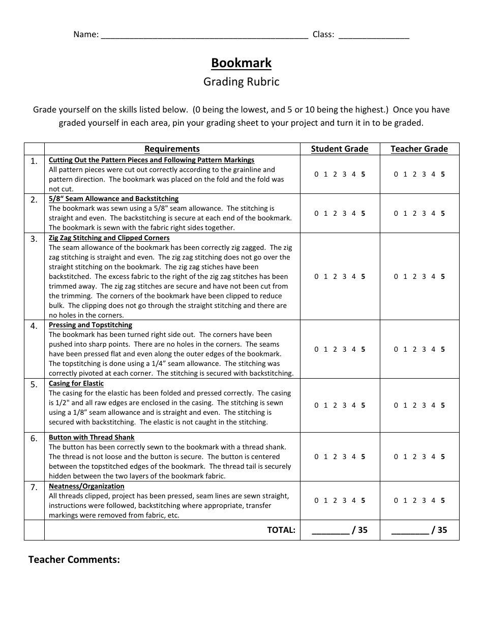 Bookmark Grading Rubric - Preview Image