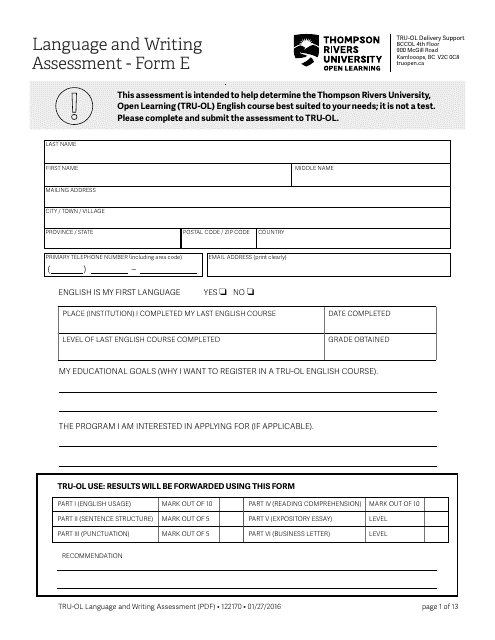 Language and Writing Assessment Form - Thompson Rivers University Download Pdf