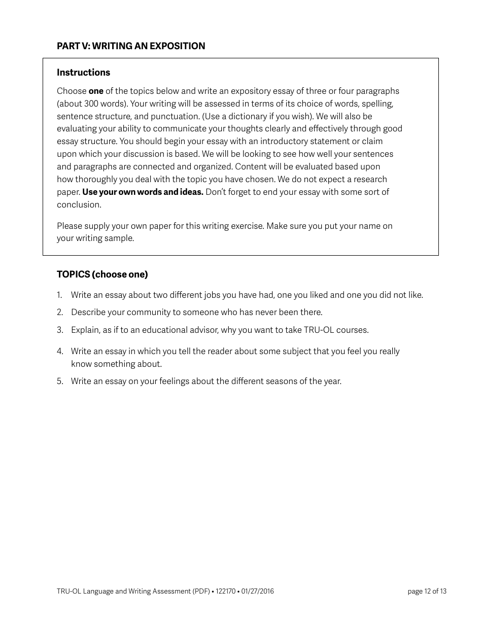 Language and Writing Assessment Form - Thompson Rivers University, Page 12