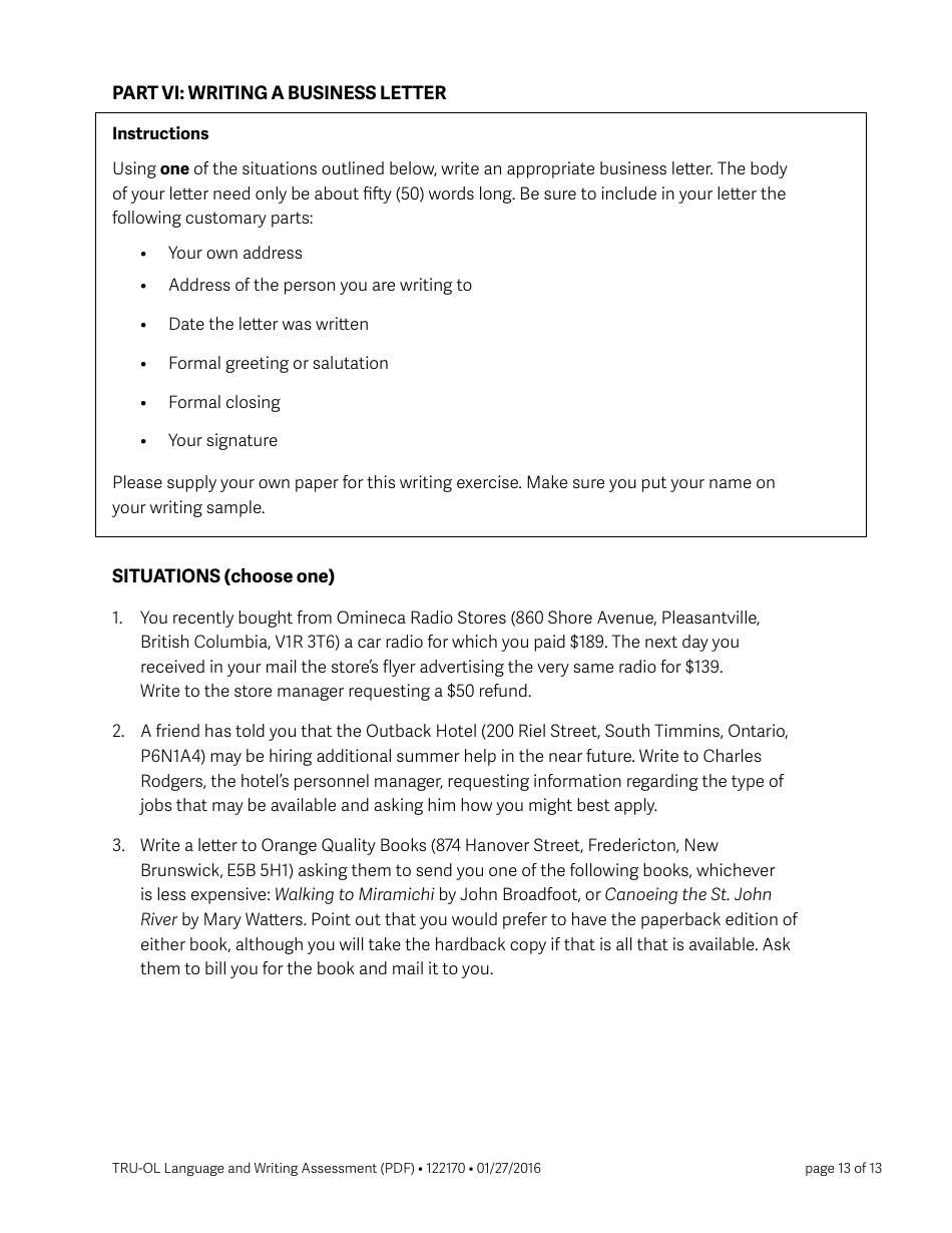 Language and Writing Assessment Form - Thompson Rivers University, Page 13