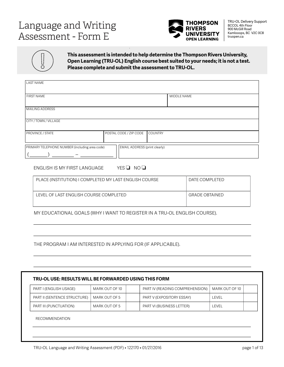 Language and Writing Assessment Form - Thompson Rivers University, Page 1