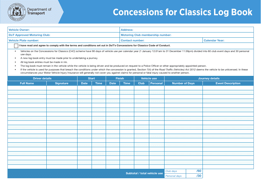 Concessions for Classics Log Book - Western Australia, Australia
