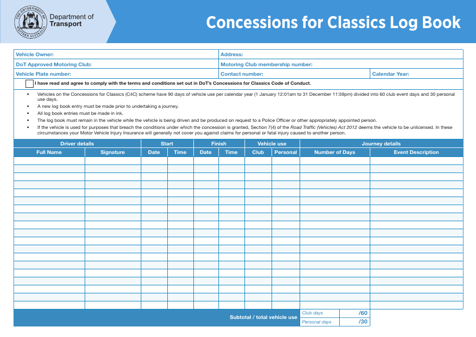 Concessions for Classics Log Book - Western Australia, Australia, Page 1