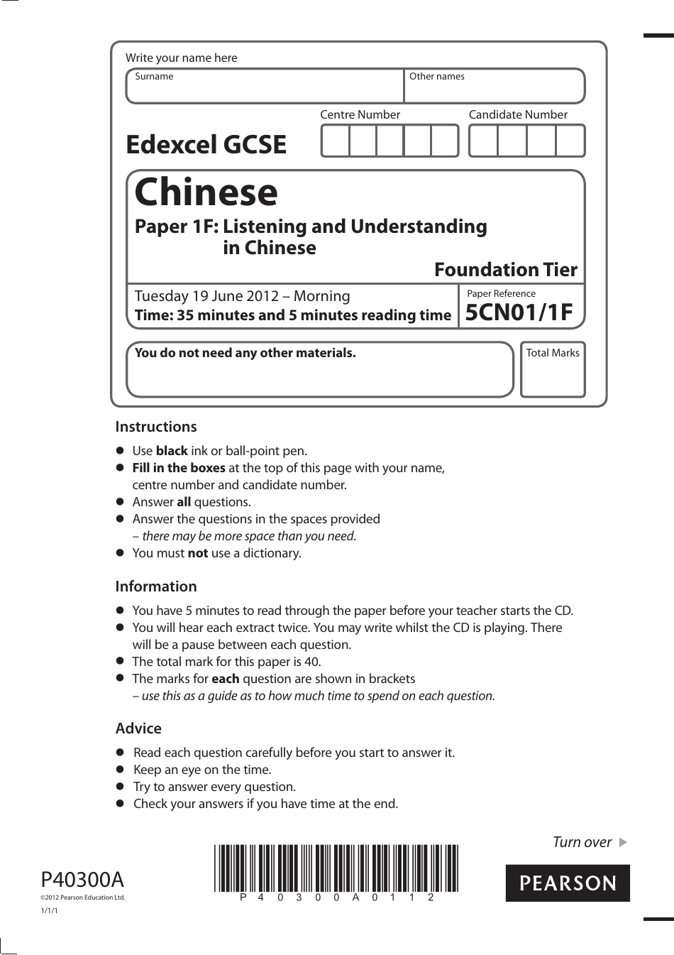 Edexcel Gcse Paper 1f Listening and Understanding in Chinese Pearson Education Download