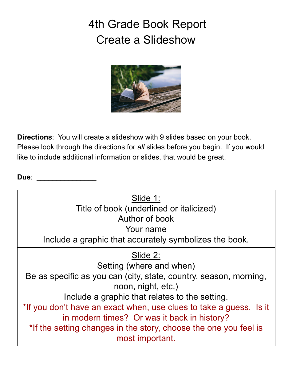 4th Grade Book Report Slideshow Plan, Page 1