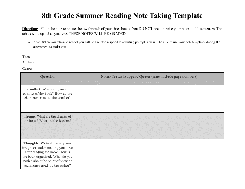 8th Grade Summer Reading Note Taking Template