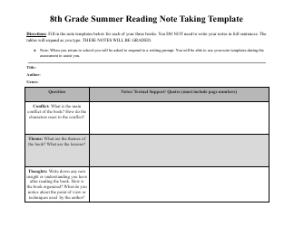 8th Grade Summer Reading Note Taking Template