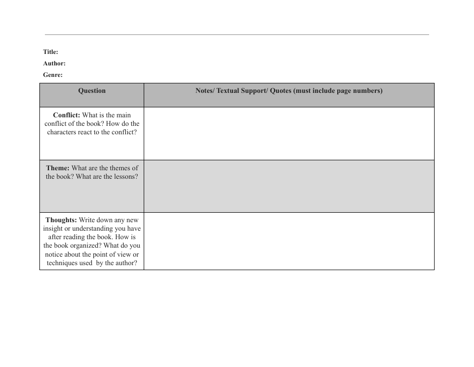 8th Grade Summer Reading Note Taking Template, Page 3