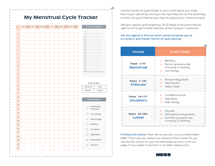 Menstrual Cycle Tracker - A women's health document for monitoring and recording menstruation dates