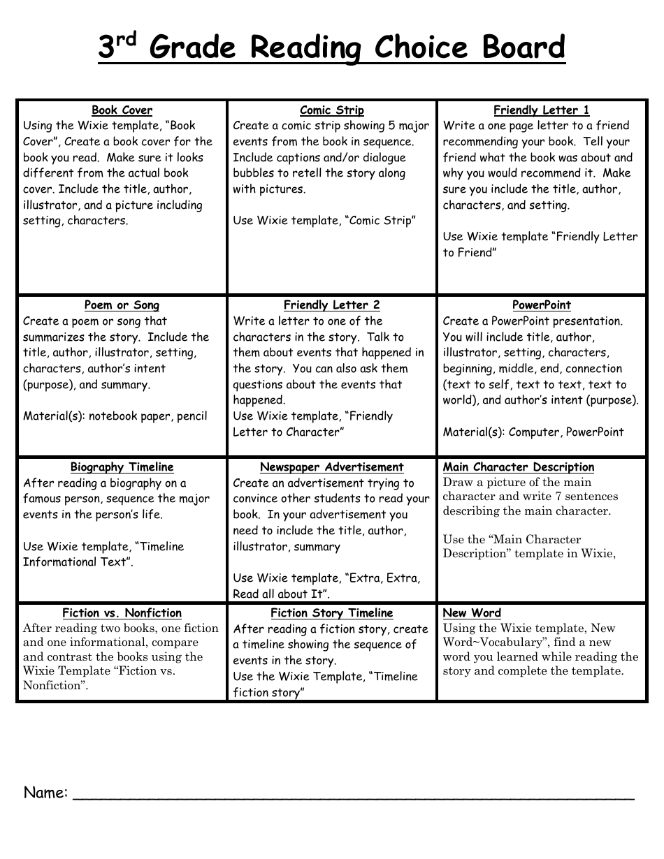 3rd Grade Reading Choice Board - Fun and Interactive Activities for Young Learners