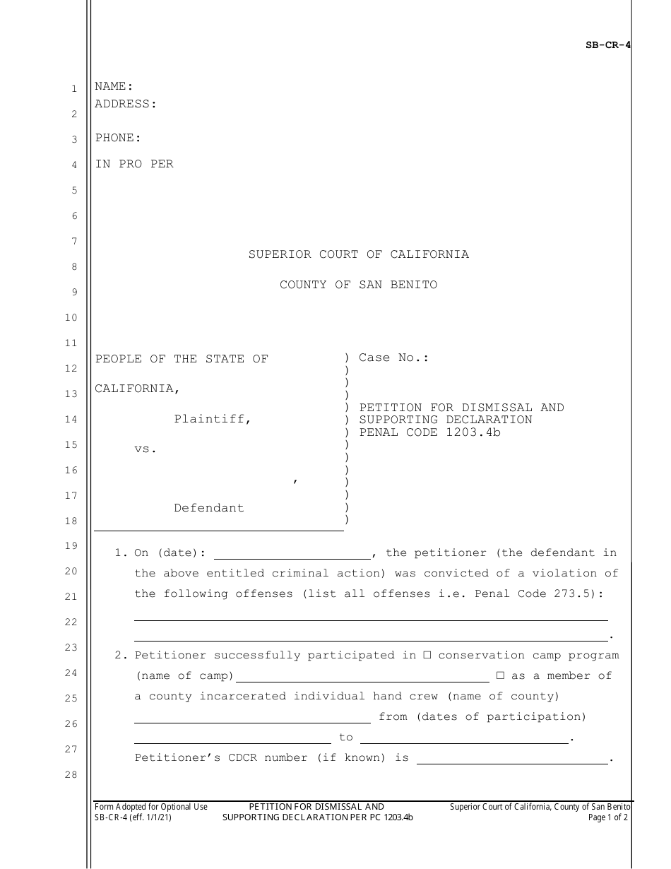 Form SB-CR-4 Petition for Dismissal and Supporting Declaration Penal Code 1203.4b - County of San Benito, California, Page 1