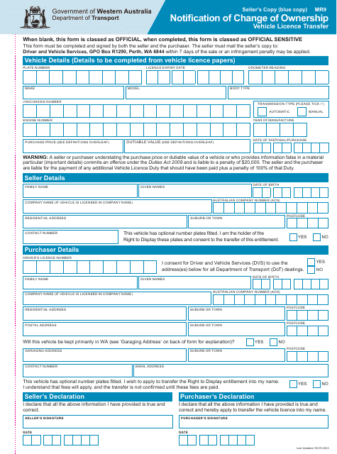 Form MR9 Notification of Change of Ownership - Vehicle Licence Transfer - Western Australia, Australia