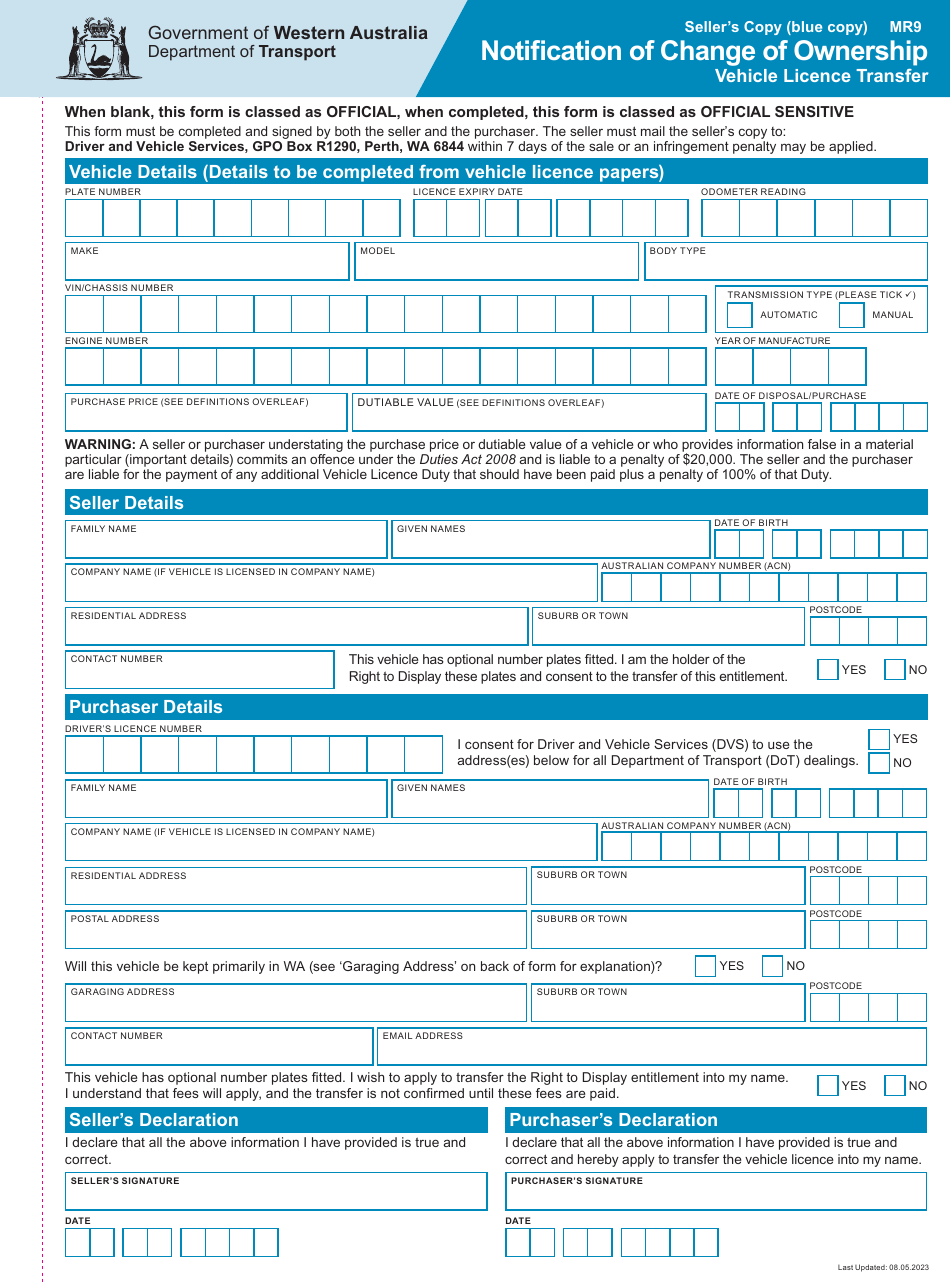 Form MR9 Notification of Change of Ownership - Vehicle Licence Transfer - Western Australia, Australia, Page 1