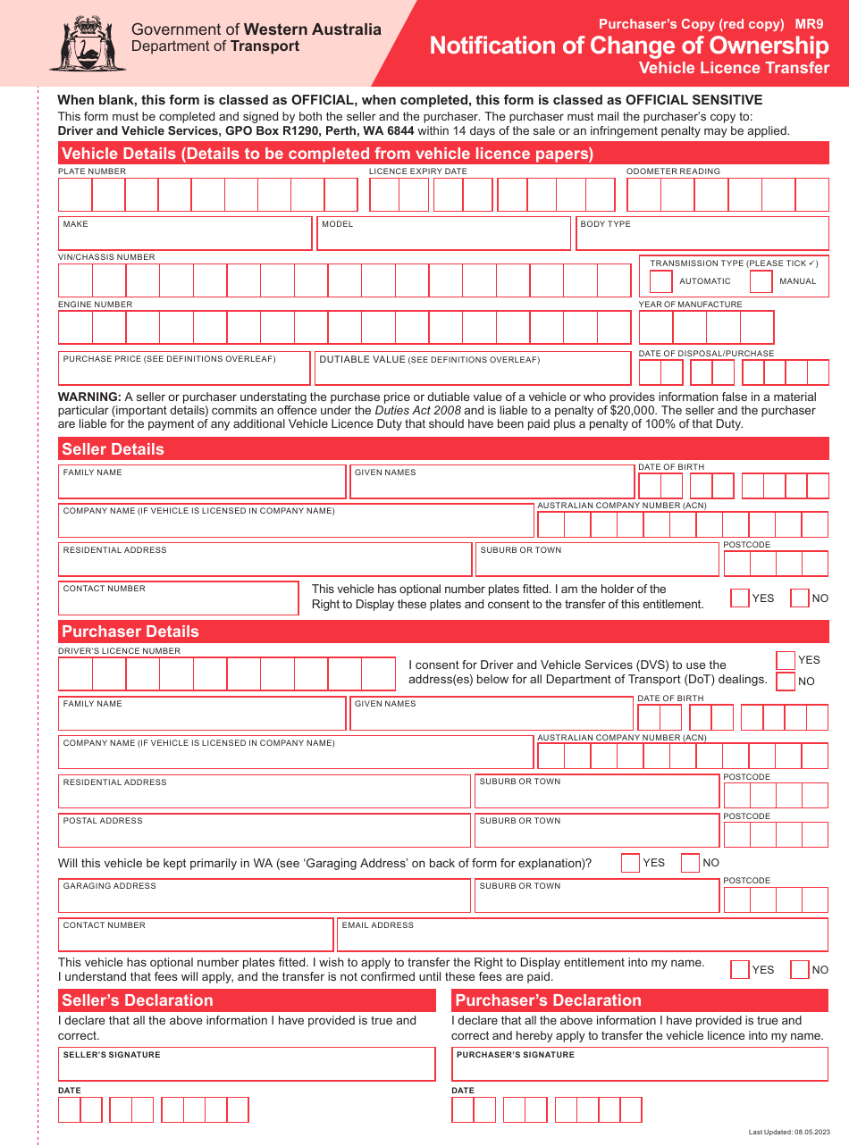 Form MR9 Notification of Change of Ownership - Vehicle Licence Transfer - Western Australia, Australia, Page 3