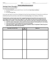Summer Reading Dialectical Journal Template - 7th Grade