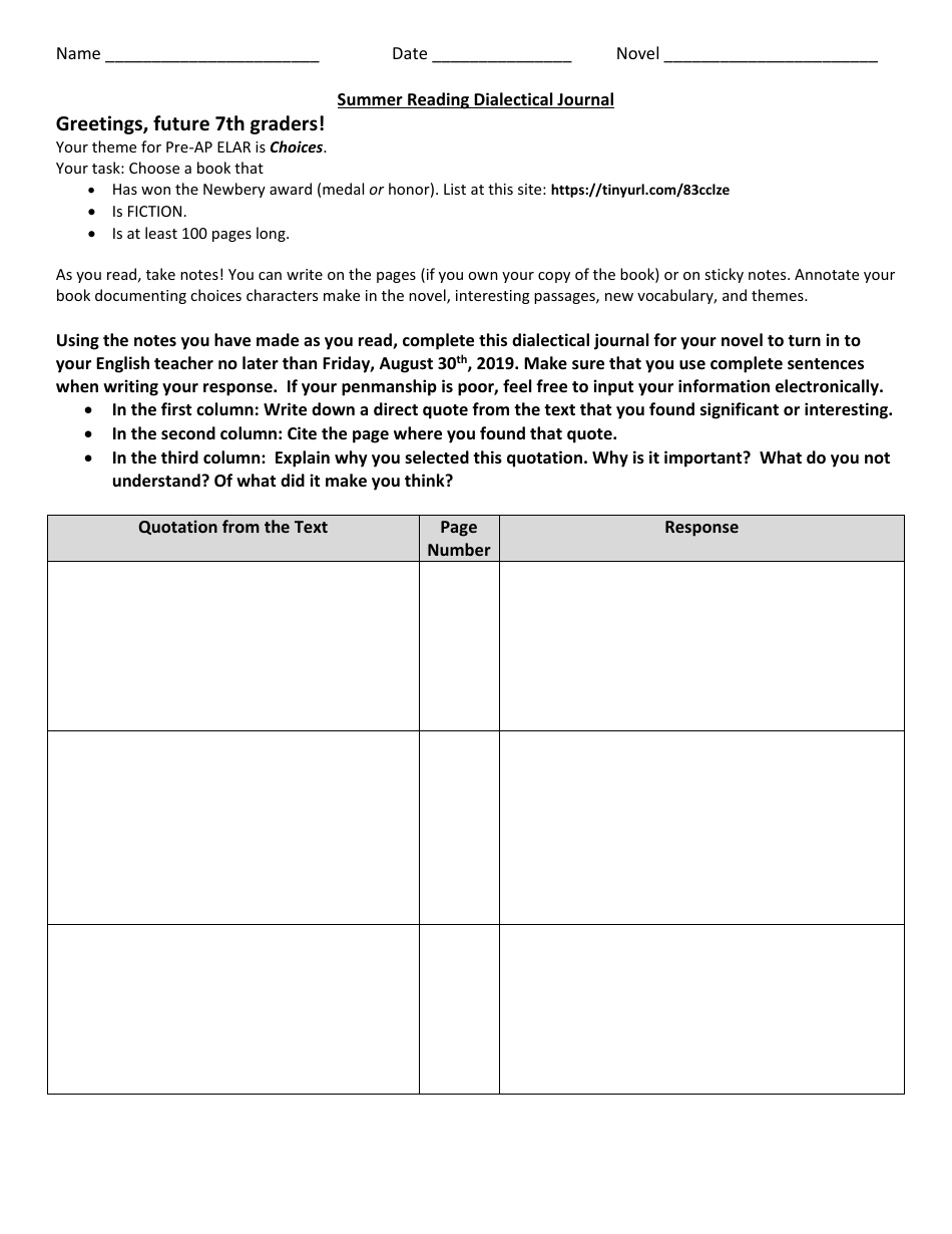 Summer Reading Dialectical Journal Template for 7th Grade
