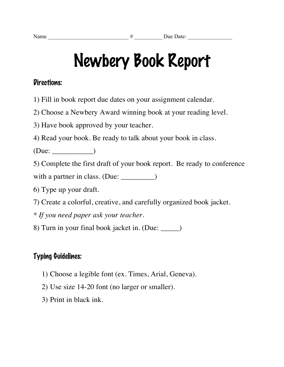 Newbery Book Report Template, Page 1