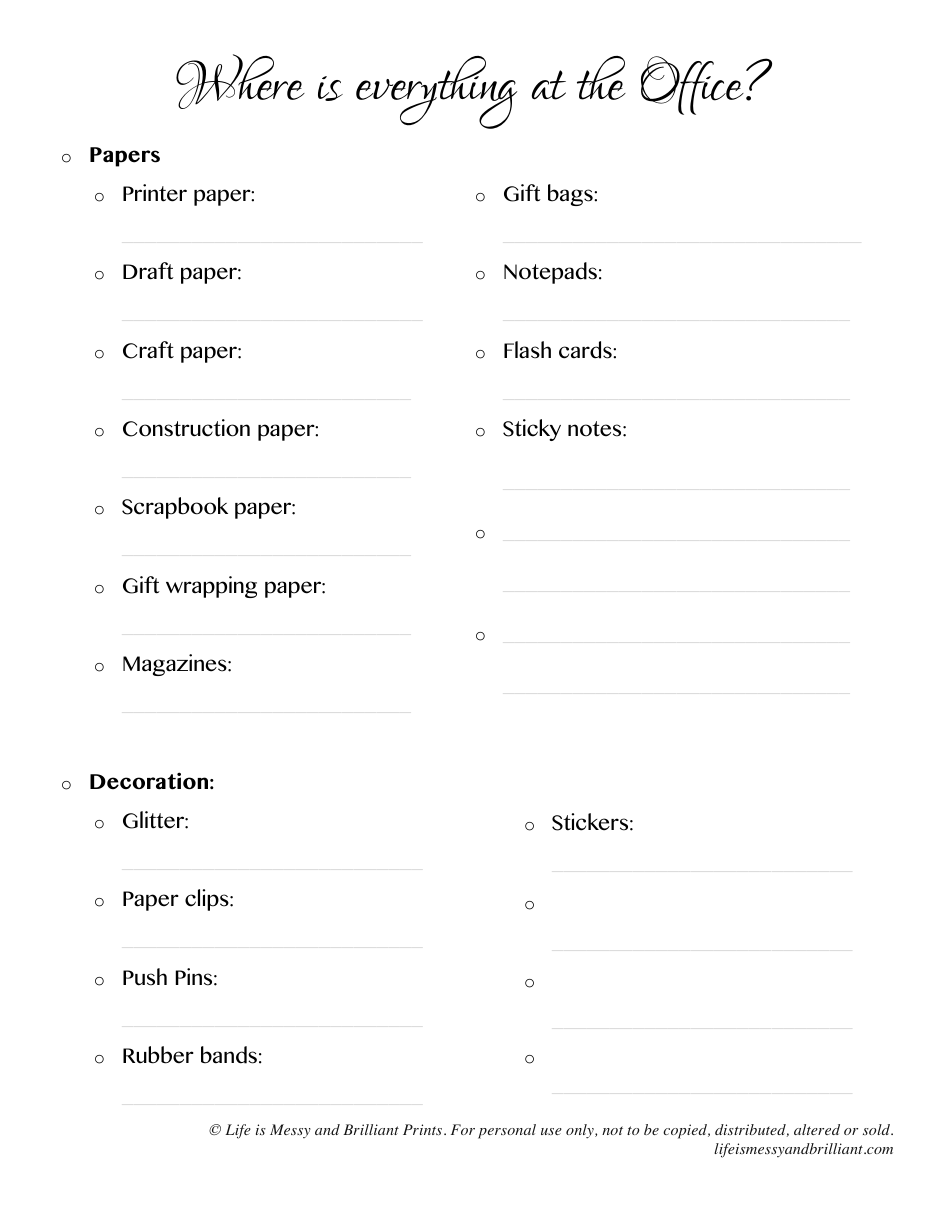 Office Organization List Template - Life Is Messy and Brilliant Prints