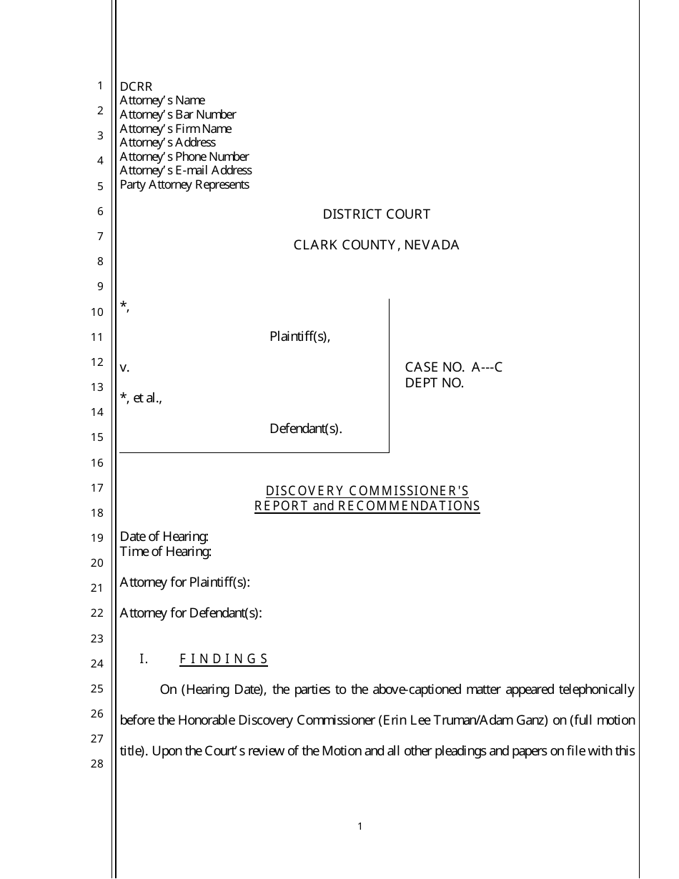 Clark County, Nevada Discovery Commissioner's Report and