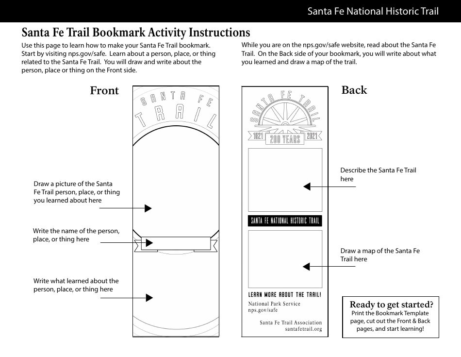 Santa Fe Trail Bookmark Template - Black and White