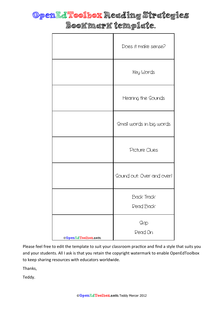 Reading Strategies Bookmark Template Preview Image