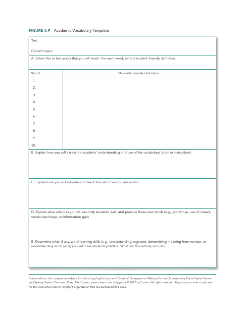Preview of an Academic Vocabulary Template document