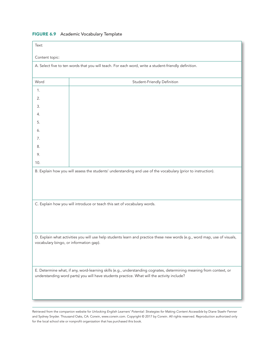 Academic Vocabulary Template Download Printable PDF | Templateroller