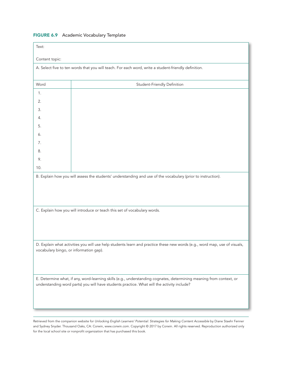 Preview of an Academic Vocabulary Template document