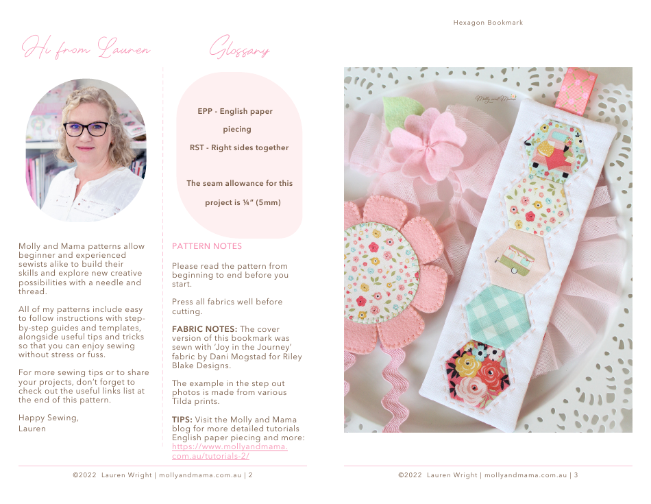 Hexagon Bookmark Sewing Pattern Templates, Page 2