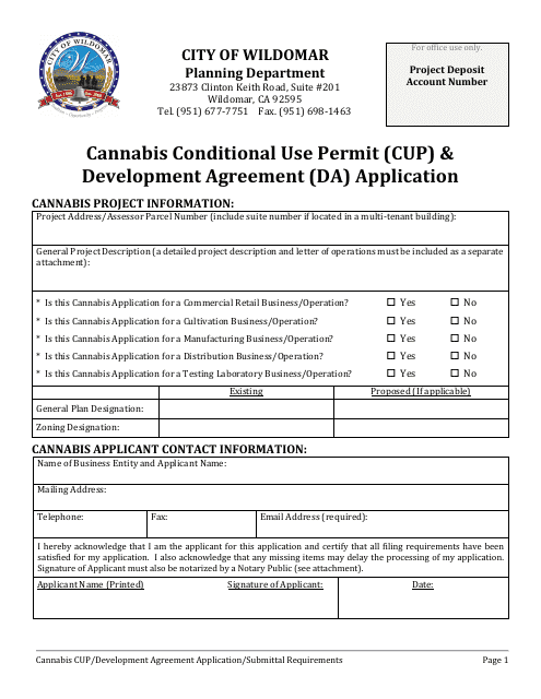 Cannabis Conditional Use Permit (Cup) & Development Agreement (DA) Application - City of Wildomar, California Download Pdf