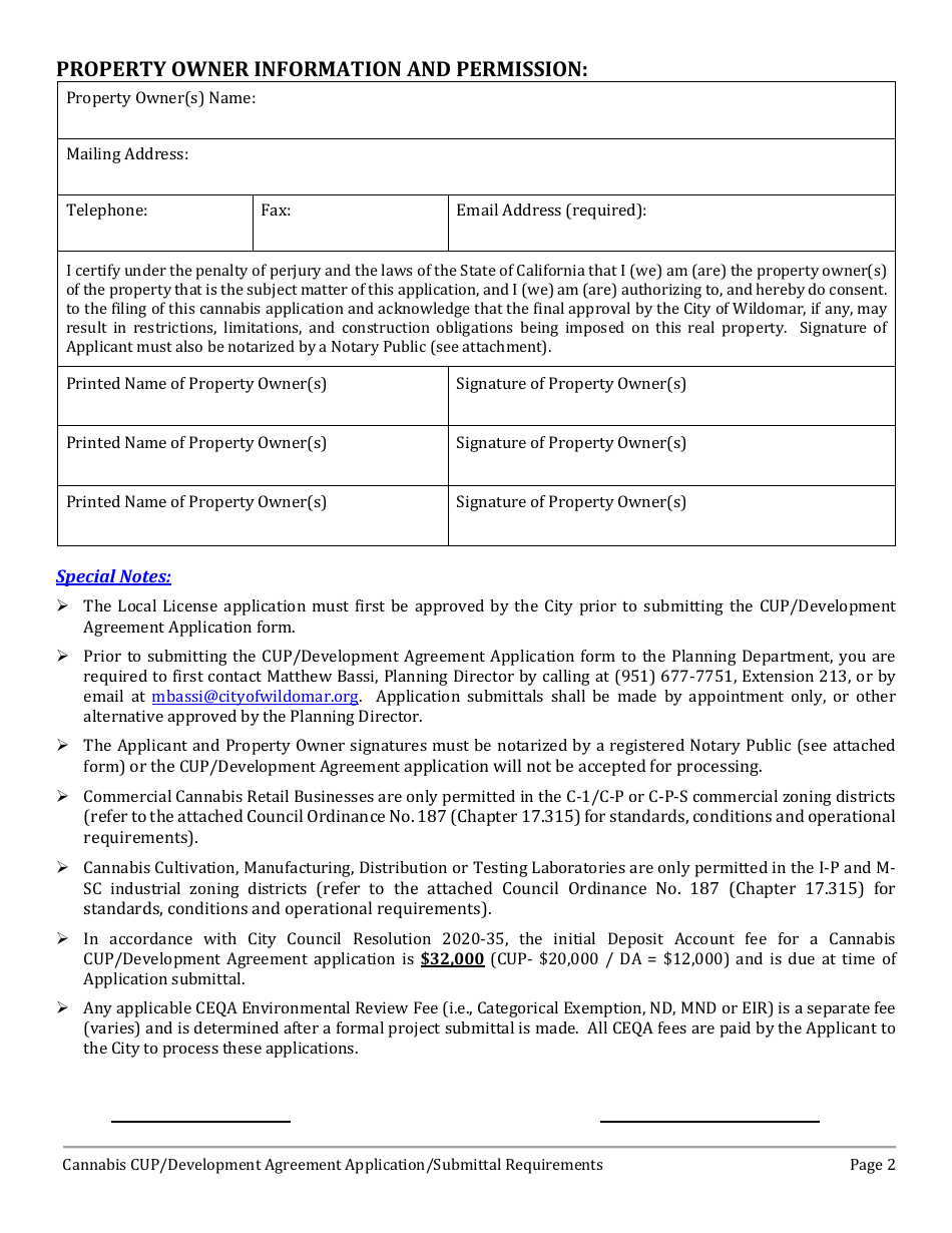 Cannabis Conditional Use Permit (Cup)  Development Agreement (DA) Application - City of Wildomar, California, Page 2