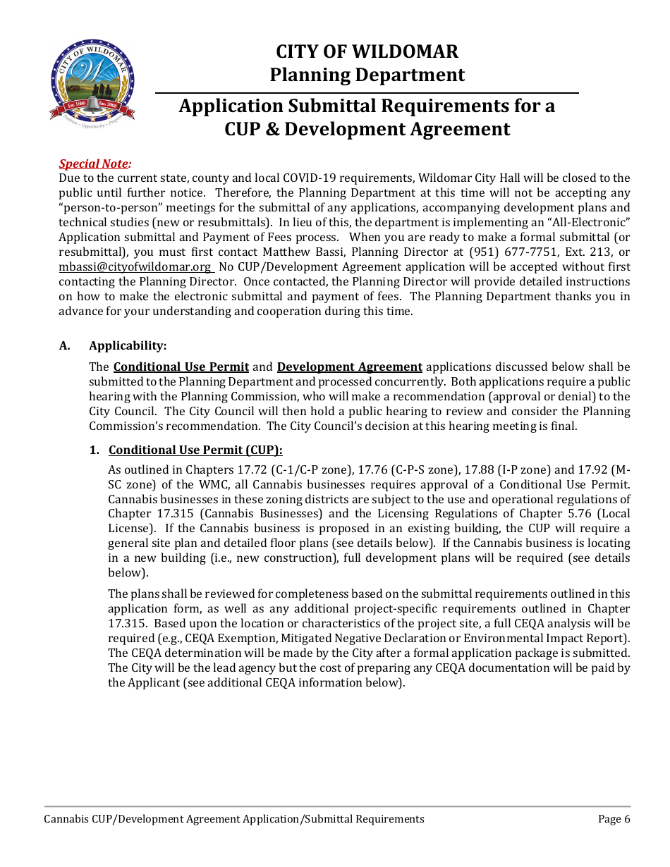 Cannabis Conditional Use Permit (Cup)  Development Agreement (DA) Application - City of Wildomar, California, Page 6