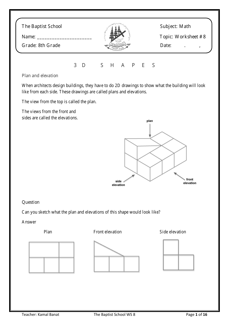 Eighth Grade Math Worksheet with 3D Shapes