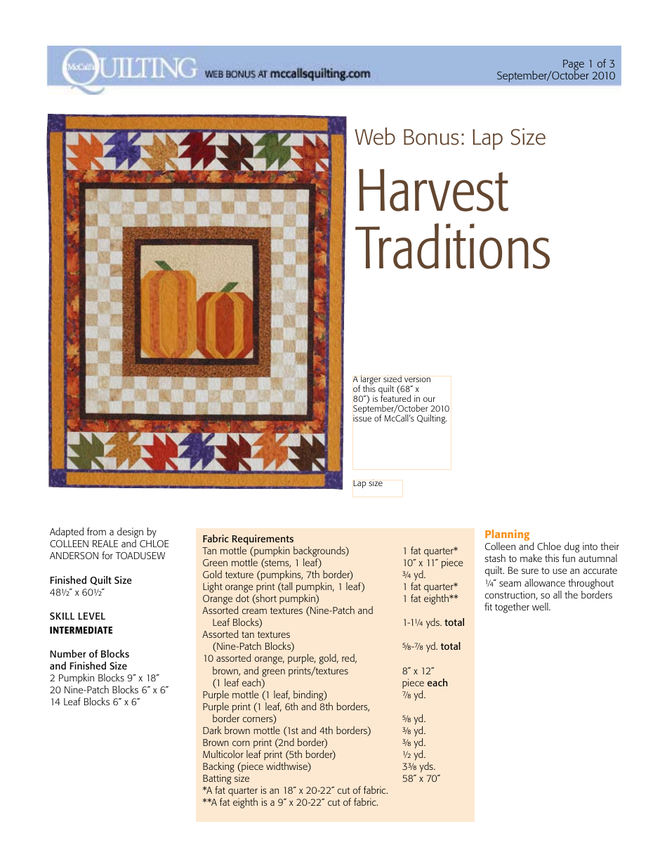 Harvest Traditions Quilt Block Pattern Preview Image