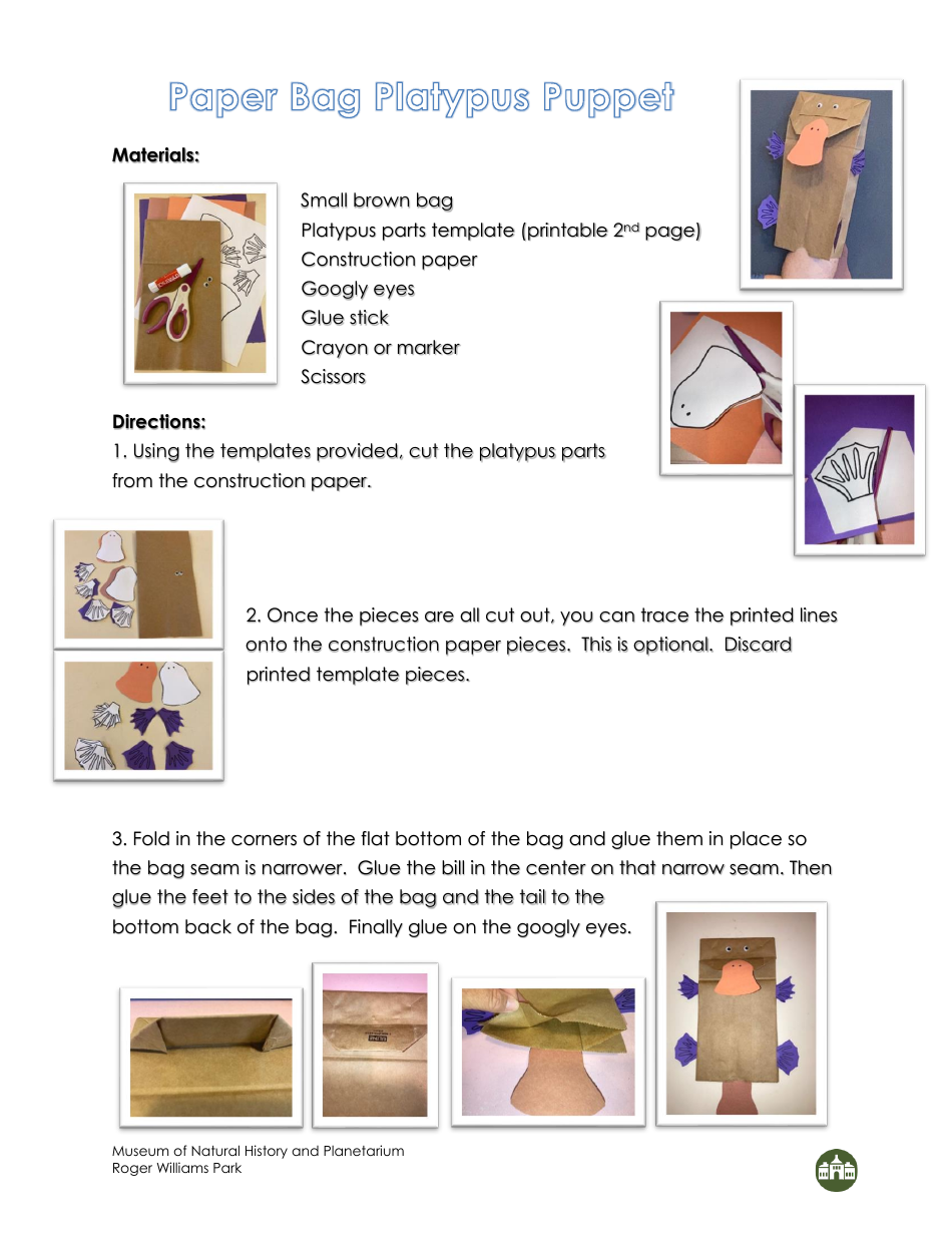 Paper Bag Platypus Hand Puppet Template Preview