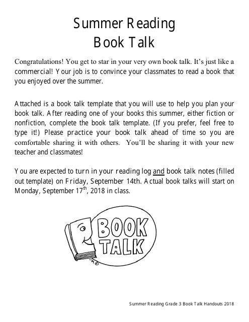 Summer Reading Grade 3 Book Talk Template
