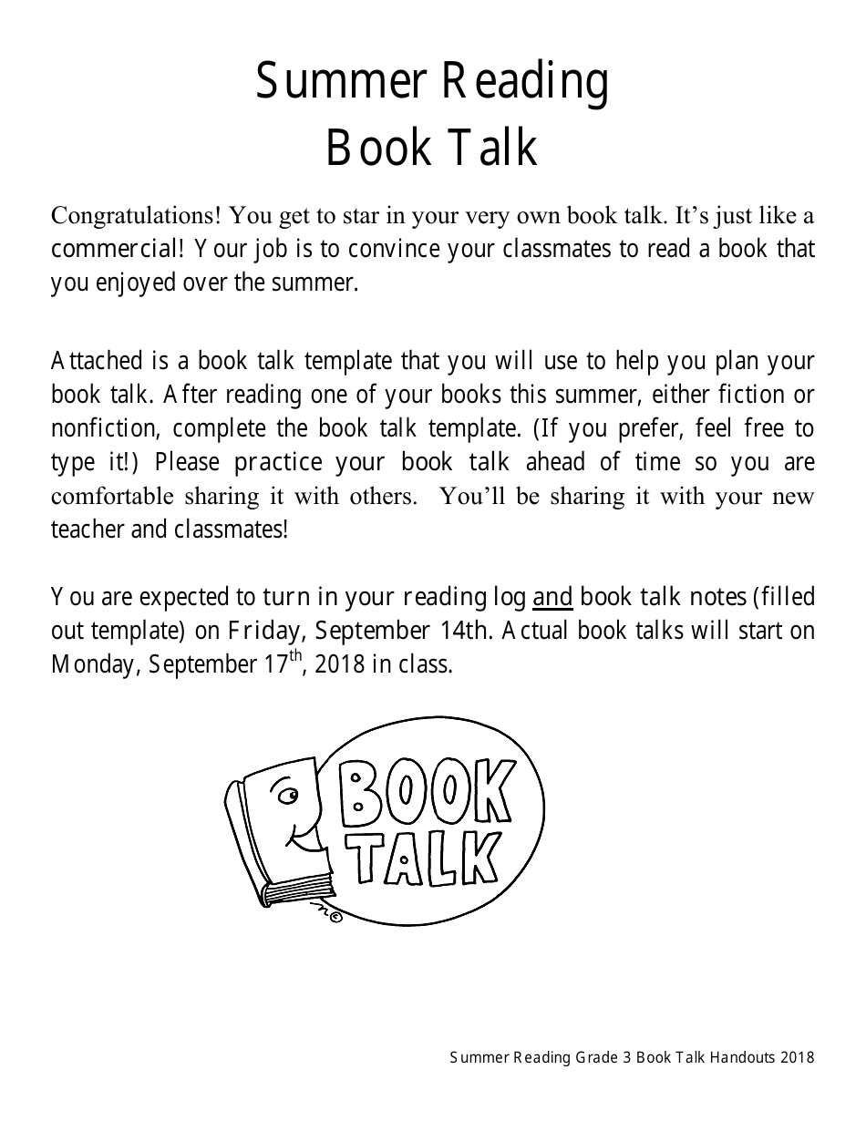 Summer Reading Grade 3 Book Talk Template Download Printable PDF