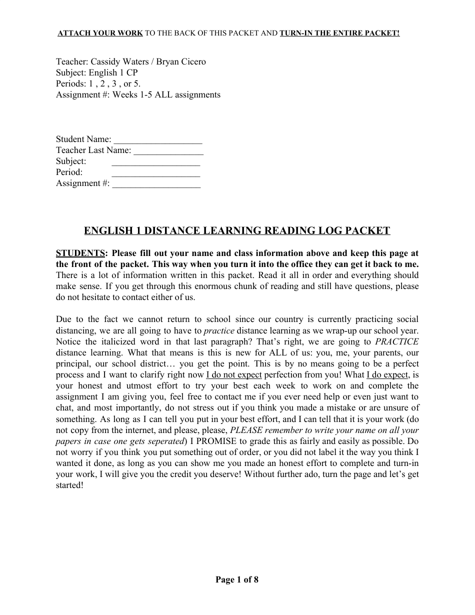 English 1 Distance Learning Reading Log Packet - Template