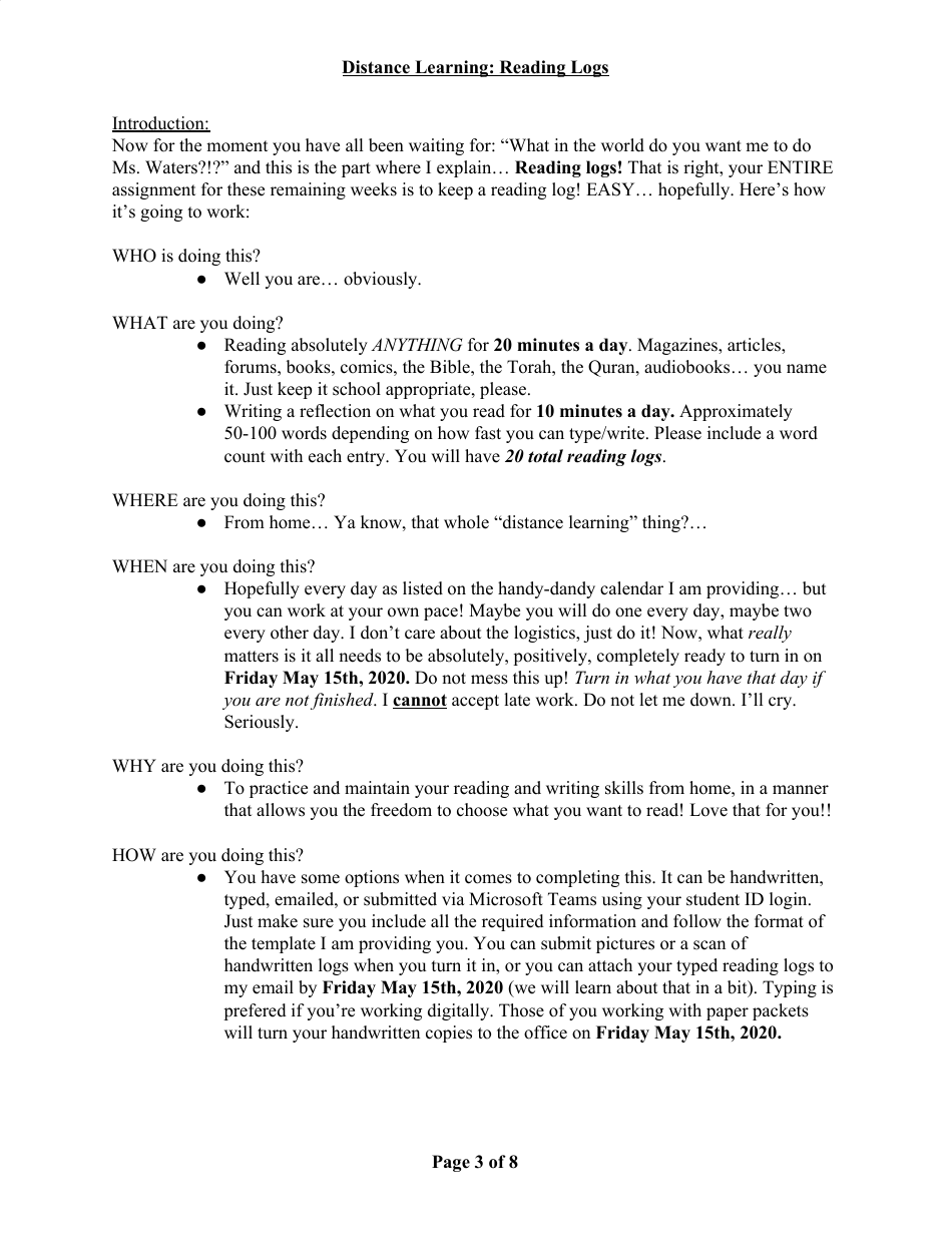 English 1 Distance Learning Reading Log Packet, Page 3