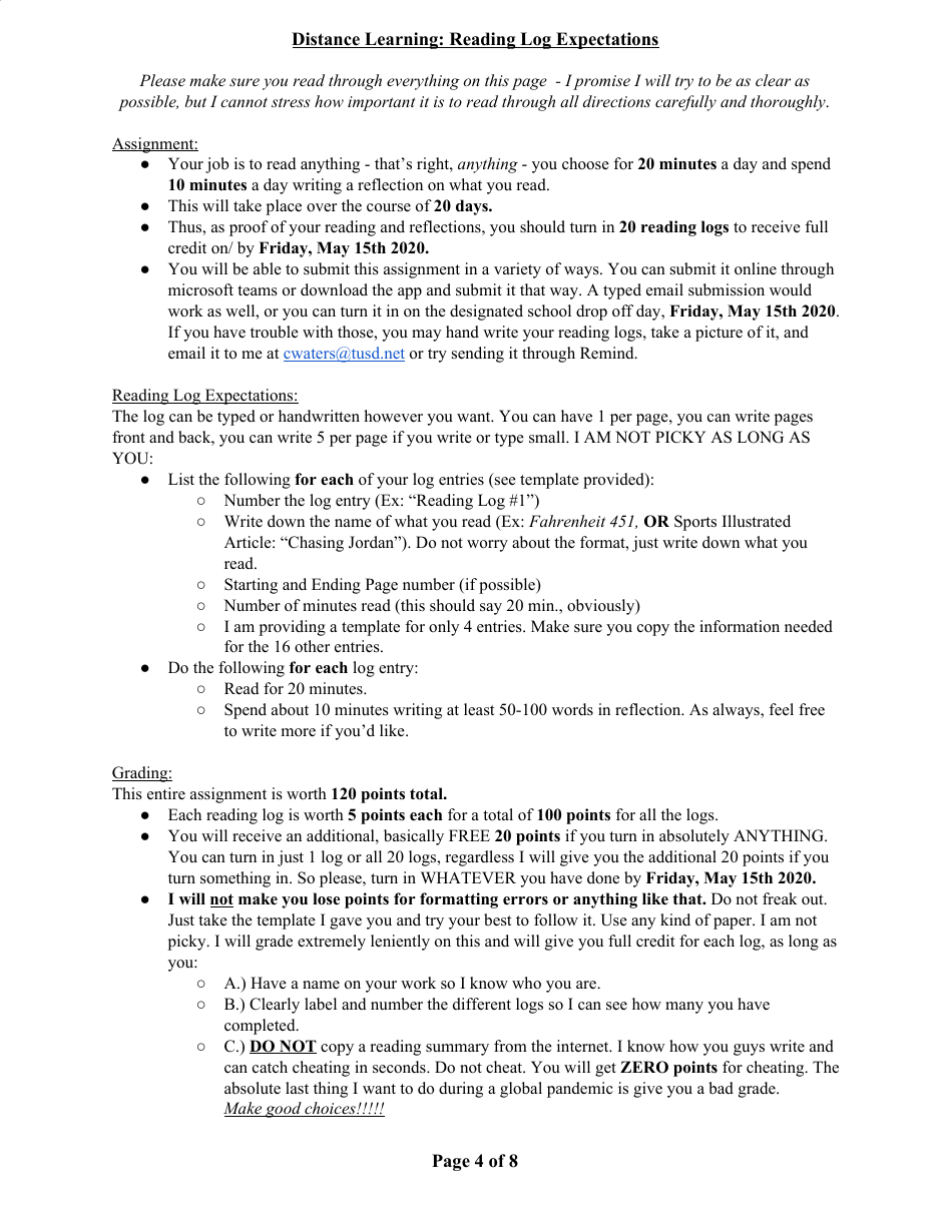 English 1 Distance Learning Reading Log Packet, Page 4