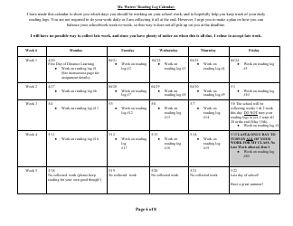 English 1 Distance Learning Reading Log Packet, Page 6
