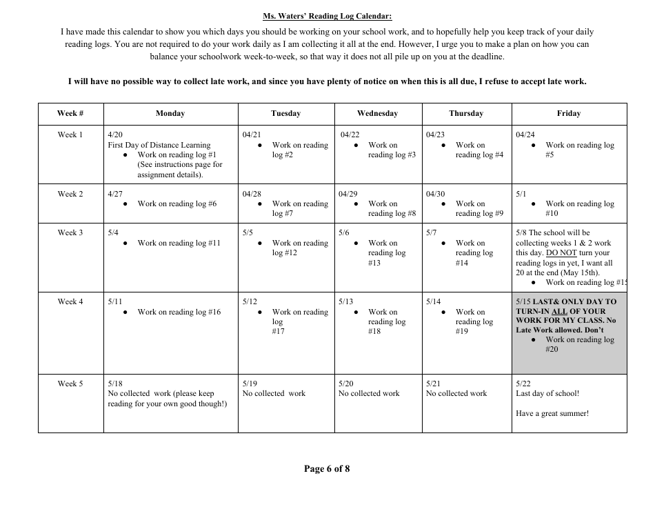 English 1 Distance Learning Reading Log Packet, Page 6